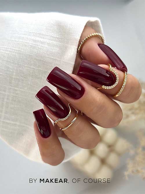 Long square-shaped dark burgundy nails, perfect for the autumn season, showcasing a rich and elegant color.