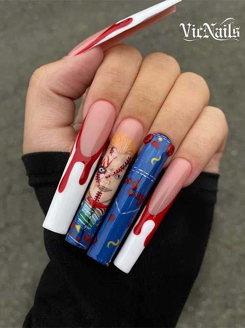 Long white French tip nails featuring blood drip art and two accent nails showcasing the Chucky character design.