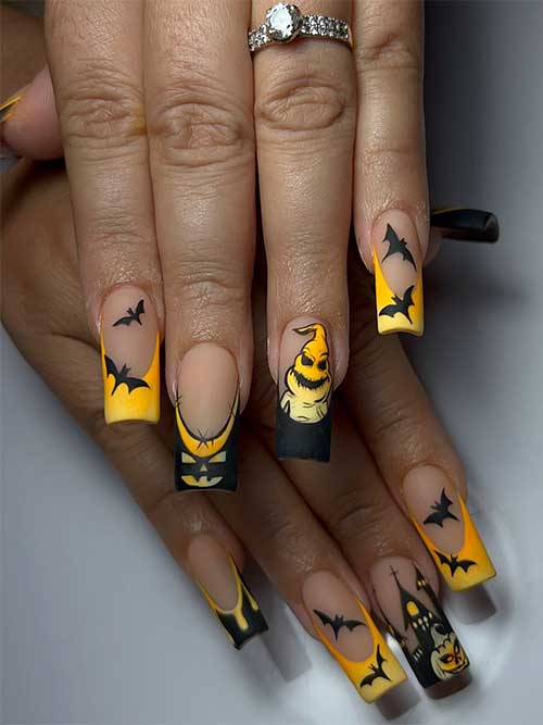 Matte French Halloween nails with yellow-orange ombre tips, nude base, black bats, Oogie Boogie art, and evil pumpkin design.