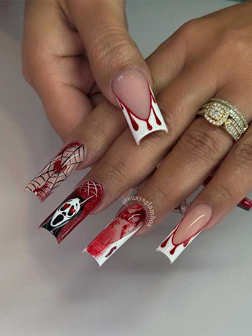 White French Halloween nails with blood drip and fingerprint art, featuring a scream face and spider web accent nails.