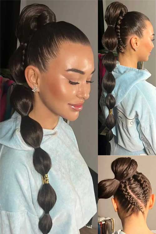 A stylish bubble ponytail featuring multiple elastic sections, creating a playful and trendy hairstyle.