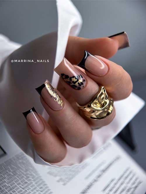 Elegant black French tip nails with a nude accent featuring leopard prints and gold foil, plus a half French gold foil nail.