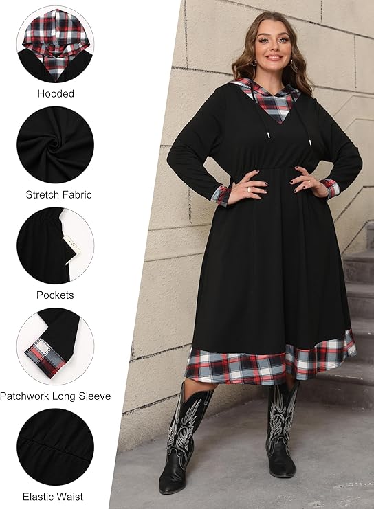 Hoodie winter plus size dresses featuring a plaid design, drawstring, long sleeves, and pockets for a comfortable look.