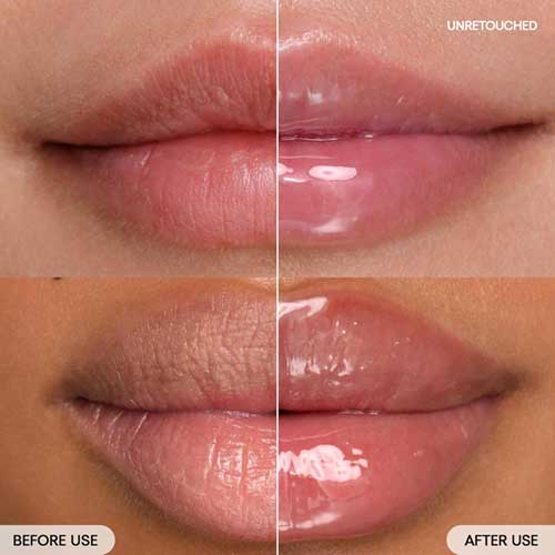 Before and after images of LANEIGE Lip Glowy Balm showing hydrated, glossy lips with a lightweight, moisturizing tint.