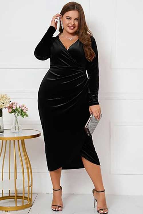 Elegant plus-size velvet wrap dress with long sleeves, ruched bodycon fit, and ruffle details, perfect for parties and weddings.