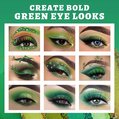 A collection of unique green eye makeup applications using the UCANBE Green Eyeshadow Makeup Palette, emphasizing diverse styles.