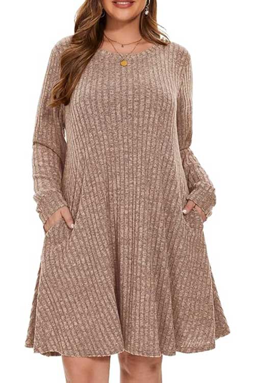 Plus size BELAROI sweater dress featuring a crew neck, long sleeves, and pockets, perfect for casual fall and winter wear.