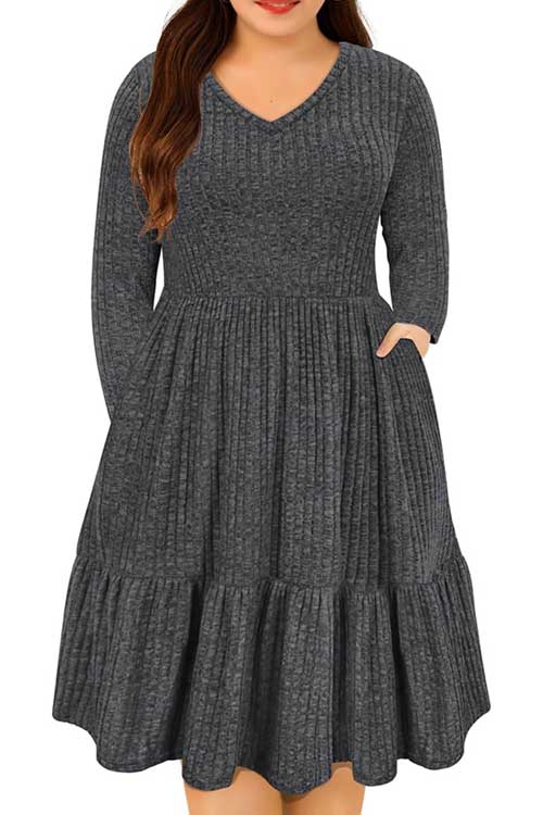 Plus-size women's fall and winter dresses featuring long sleeves, crew and V-neck styles, designed for curvy figures.