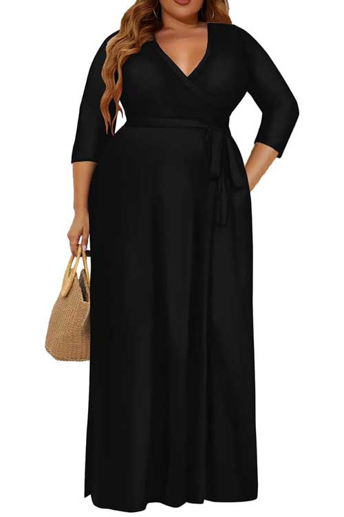 Plus size women's maxi dress featuring 3/4 sleeves, a V-neck, a belt, and convenient pockets for added style and comfort.