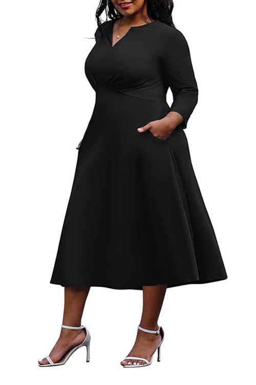 Plus size women's stretchy flared wrap dress, V-neck, 3/4 sleeves, perfect for casual weddings or work events.