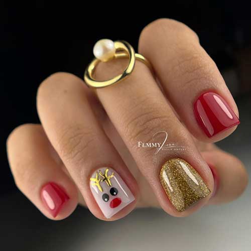 Red Christmas nails with gold glitter accents and a milky white nail featuring festive reindeer art.