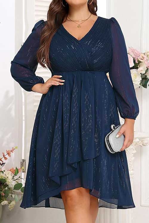 Stylish plus size midi dress for formal occasions, showcasing long sleeves, pleated A-line silhouette, and a flattering V-neck.