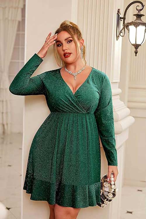 Stylish plus size women's glitter dress with a V-neck and ruffle hem, designed for cocktail parties and club outings.