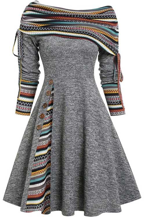 Women's long sleeve striped flare dress, cinched waist, convertible neck, perfect for fall and Christmas occasions.