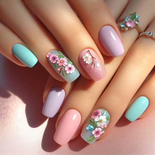 A collection of pastel spring nails featuring soft colors and floral patterns, perfect for a seasonal refresh.