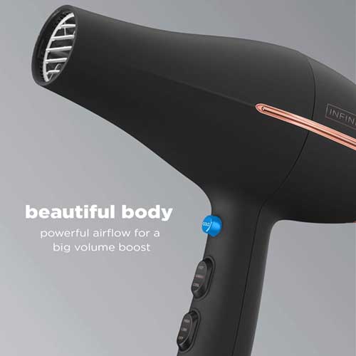 Black INFINITIPRO BY CONAIR hair dryer with diffuser, featuring AC motor and ceramic technology, packaged variably.