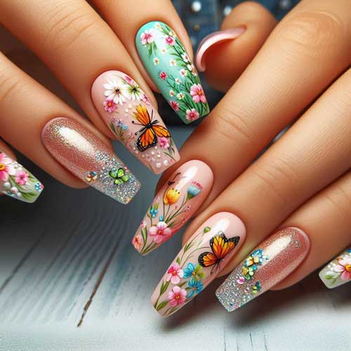 Pastel spring nail art on long almond-shaped nails with lavender, floral patterns, and sparkles in purple, pink, and blue.