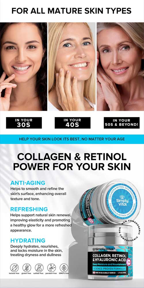 SimplyVital Collagen, Retinol & Hyaluronic Acid Cream, a nourishing moisturizer for smoother, firmer, and hydrated skin.